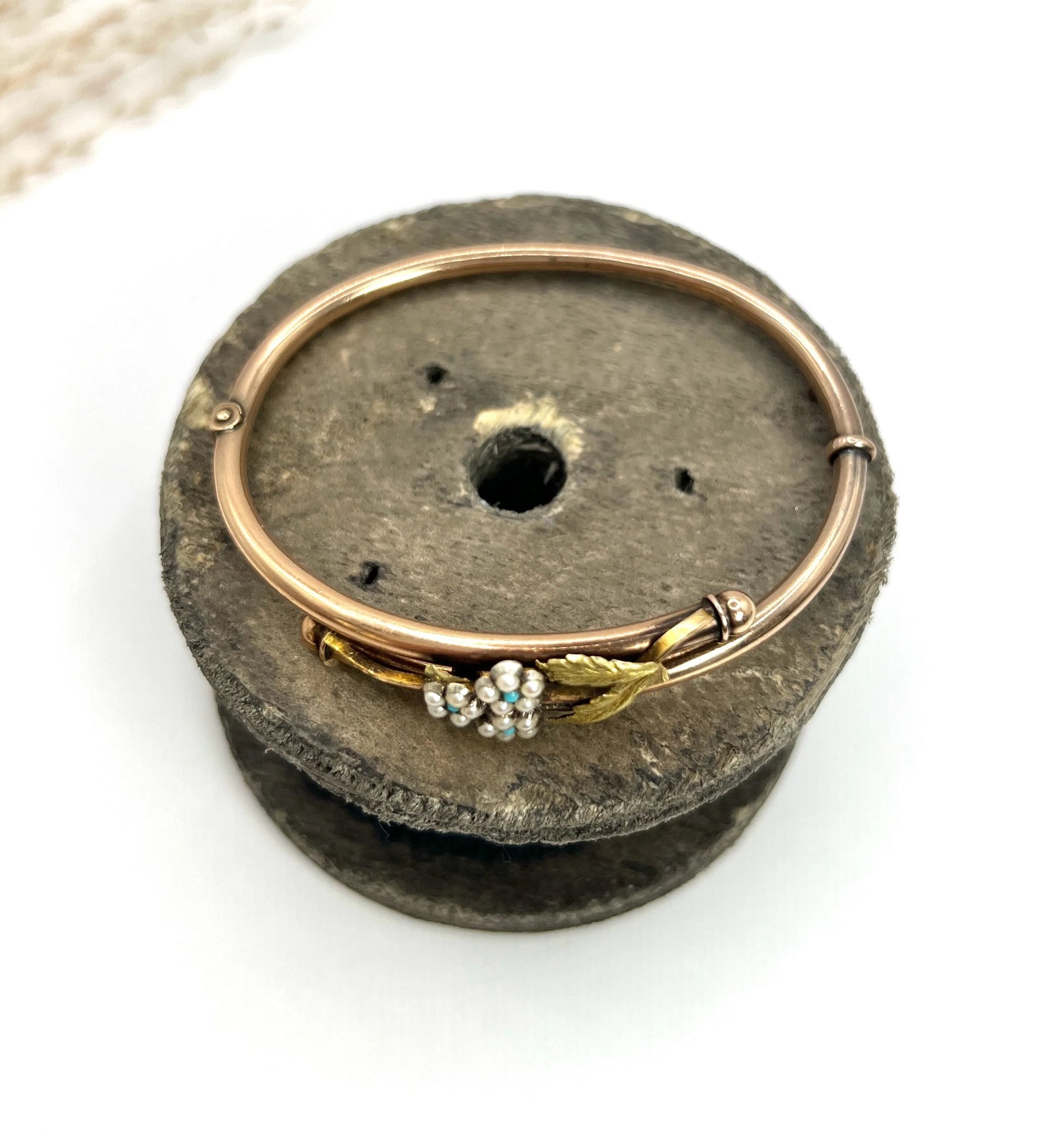 Antique 9 Carat Rose Gold Turquoise and Seed Pearl Forget Me Not Bangle, Circa 1910