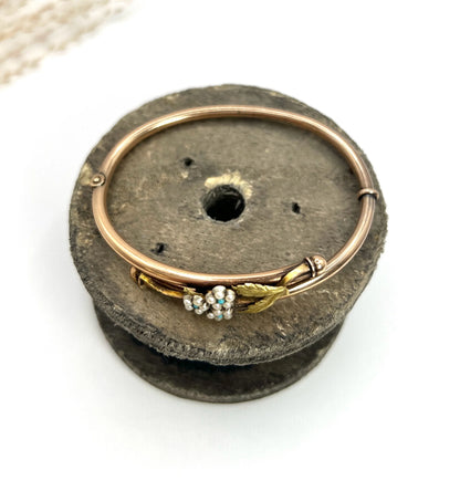 Antique 9 Carat Rose Gold Turquoise and Seed Pearl Forget Me Not Bangle, Circa 1910