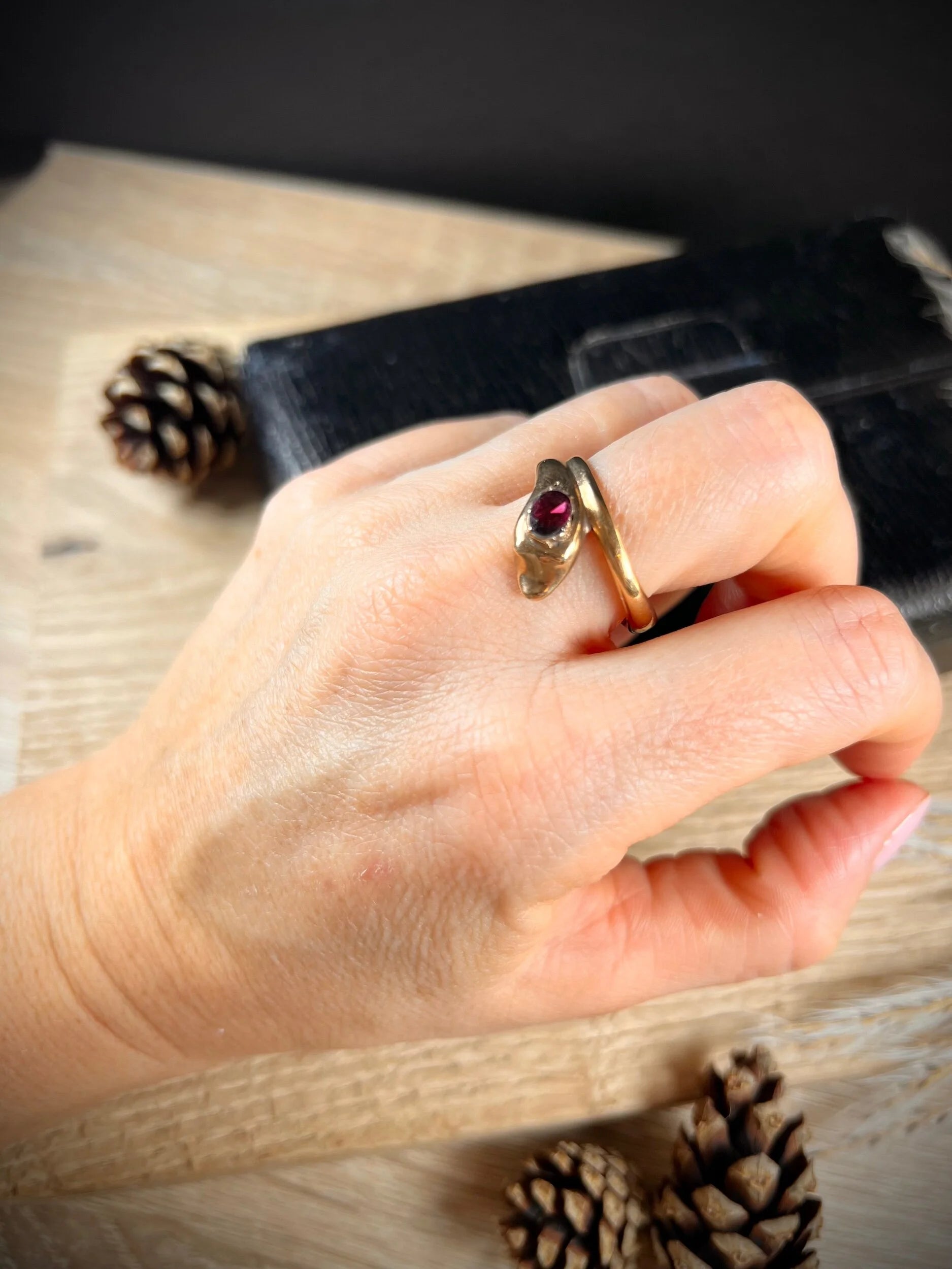 Antique 10ct Rose Gold, Victorian Garnet Headed Snake Ring