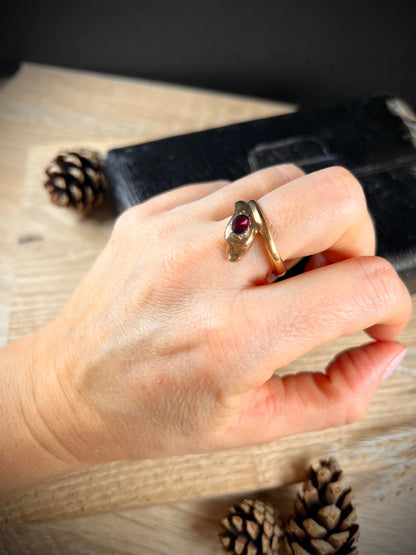 Antique 10ct Rose Gold, Victorian Garnet Headed Snake Ring