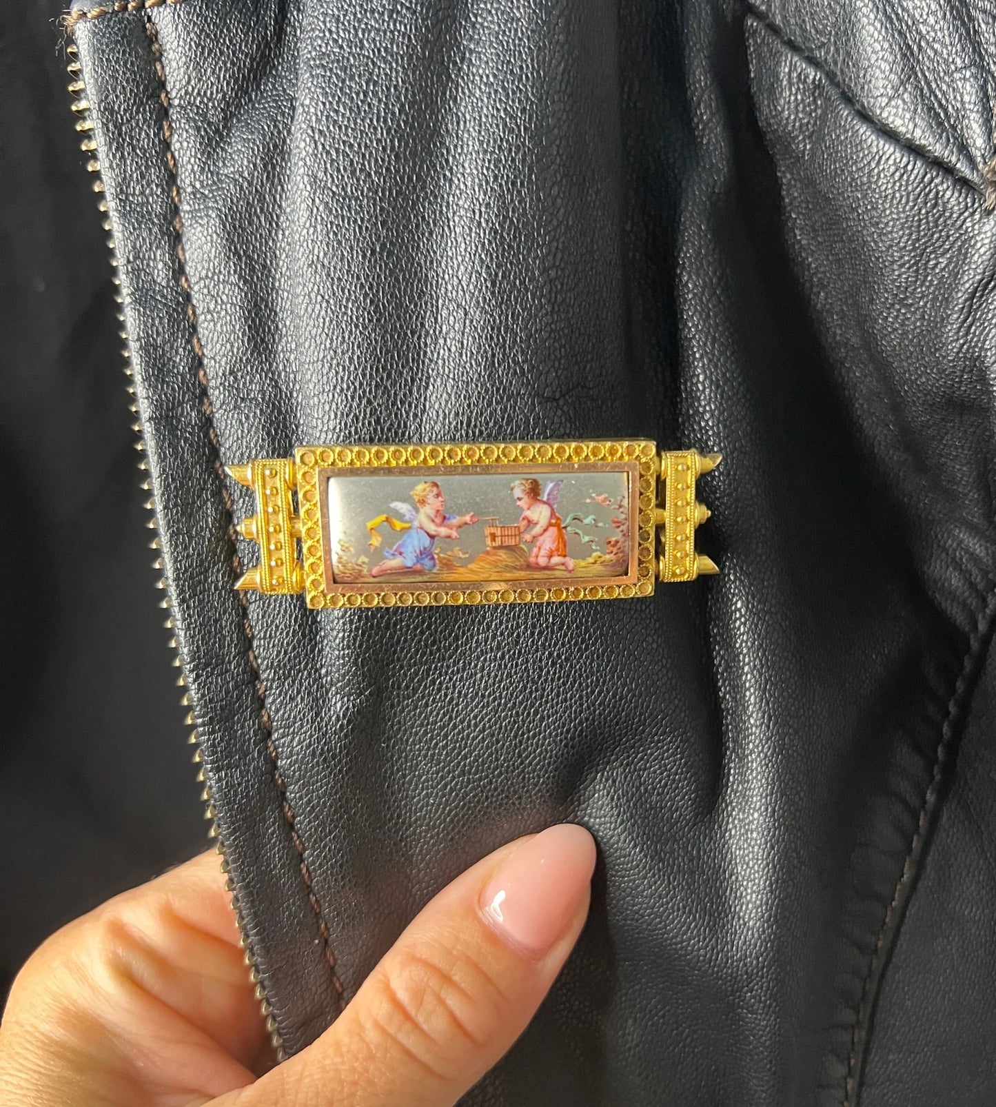 Antique 15 Carat Yellow Gold Enamel Cherub Panel Brooch, Circa 1880
