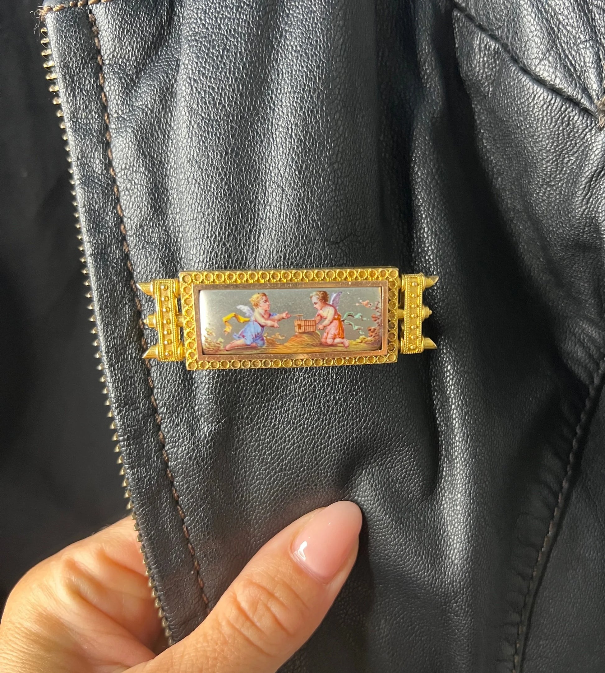 Antique 15 Carat Yellow Gold Enamel Cherub Panel Brooch, Circa 1880