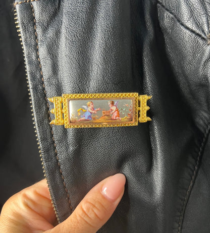 Antique 15 Carat Yellow Gold Enamel Cherub Panel Brooch, Circa 1880