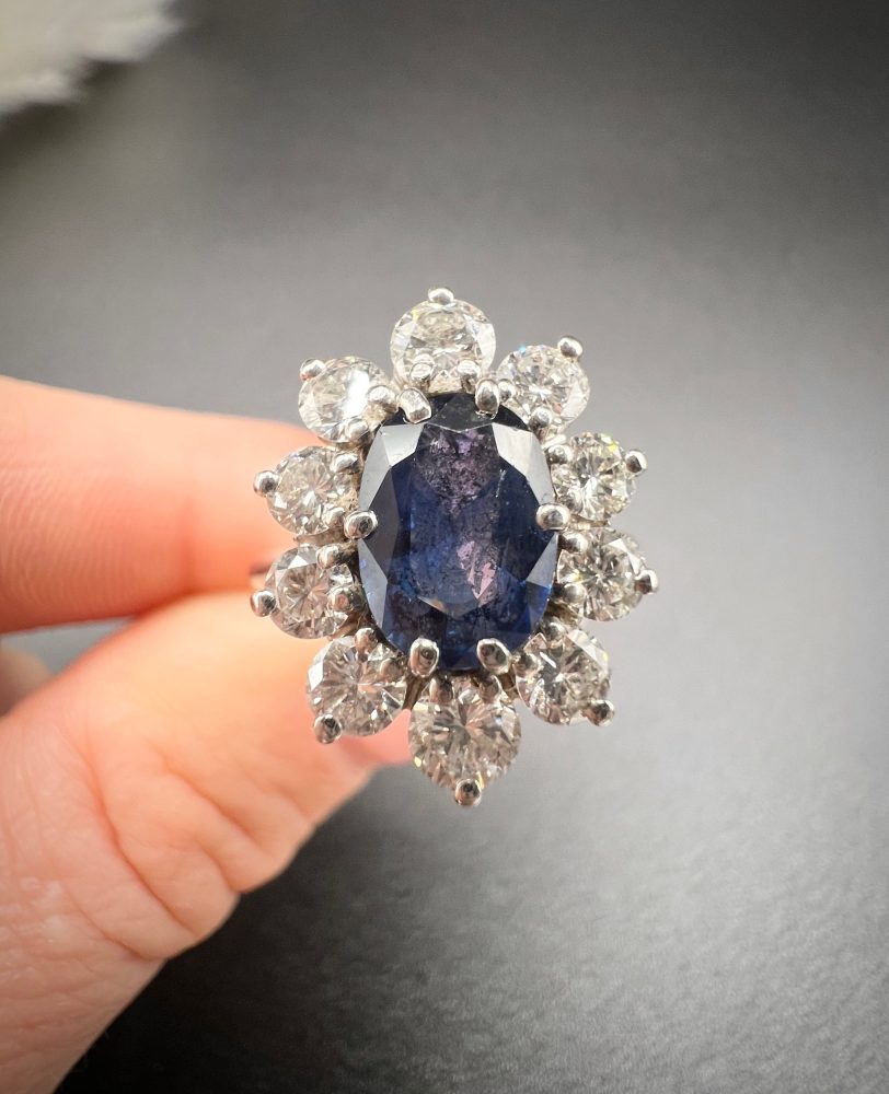 Sapphire And Diamond Cluster Ring In 18 Carat White Gold