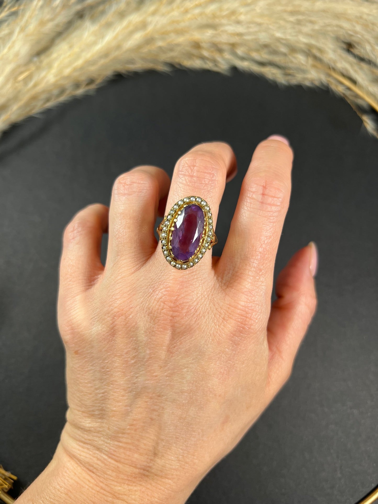 Vintage 9ct Gold, Hallmarked London 1966, Large Faceted Amethyst & Seed Pearl Cocktail Ring