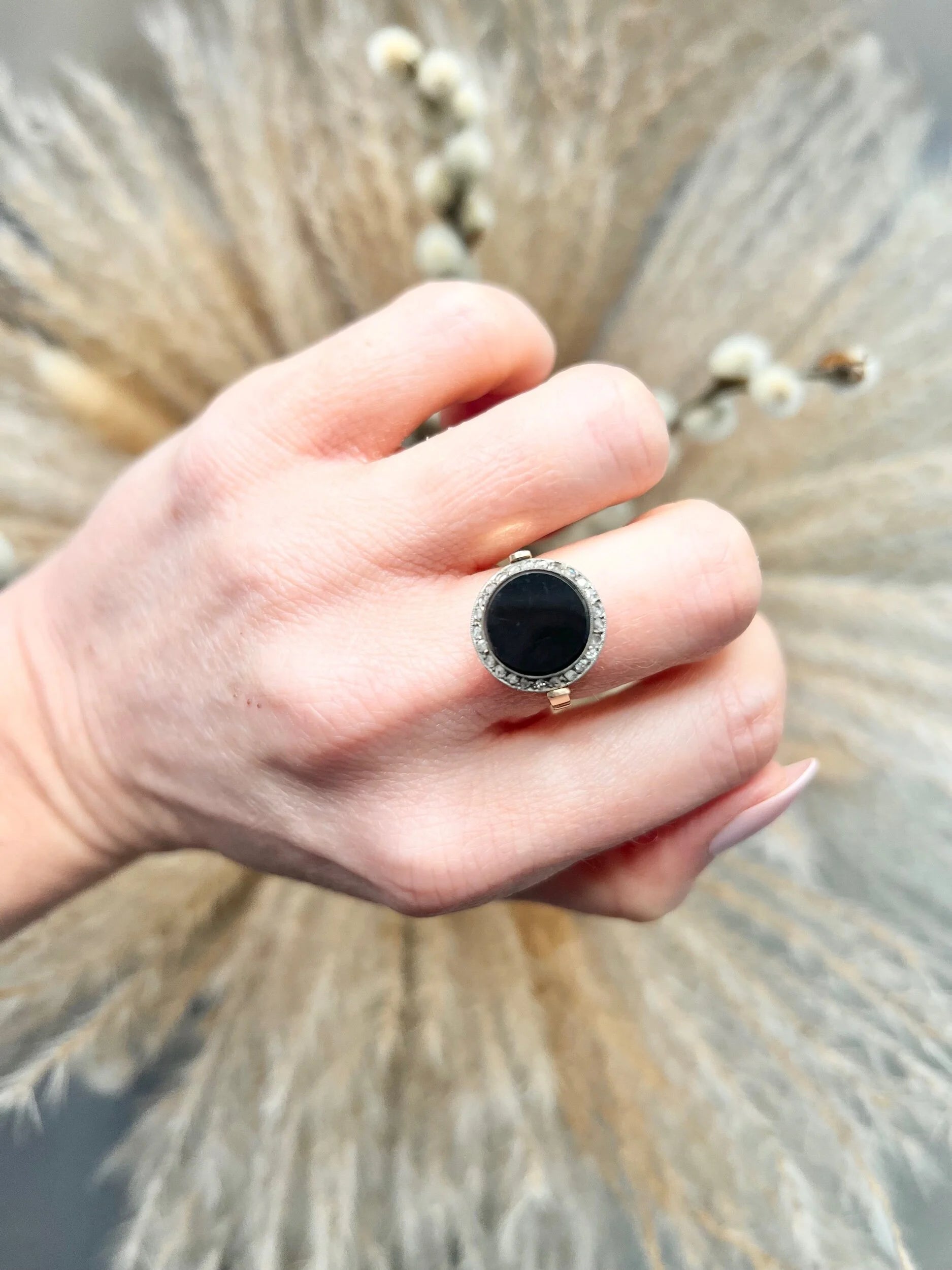 Art Deco Vintage Onyx and Diamond Halo Cluster Target Ring