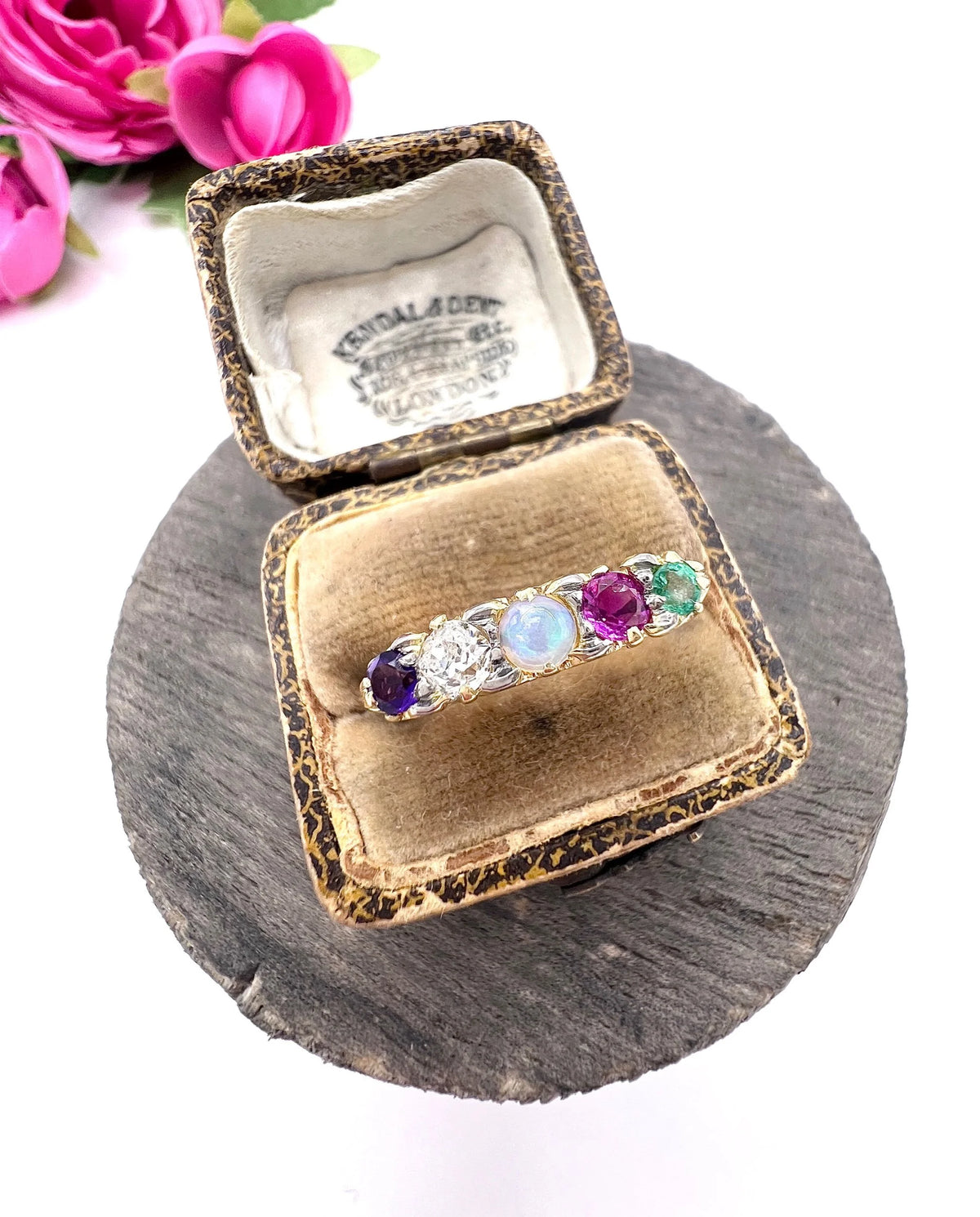Victorian 18 Carat Gold ADORE Amethyst, Diamond, Opal, Ruby and Emerald Ring