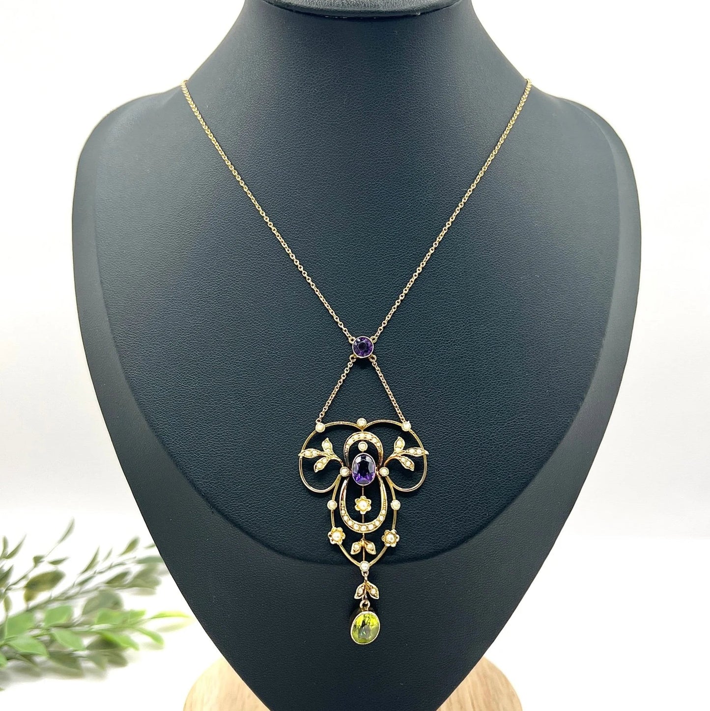 Antique Edwardian 9ct Gold Stamped Suffragette Pendant Necklace with Amethyst Peridot Seed Pearls