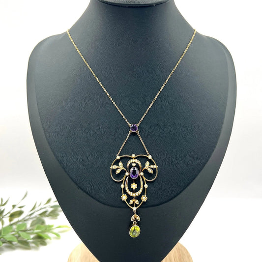 Antique Edwardian 9ct Gold Stamped Suffragette Pendant Necklace with Amethyst Peridot Seed Pearls