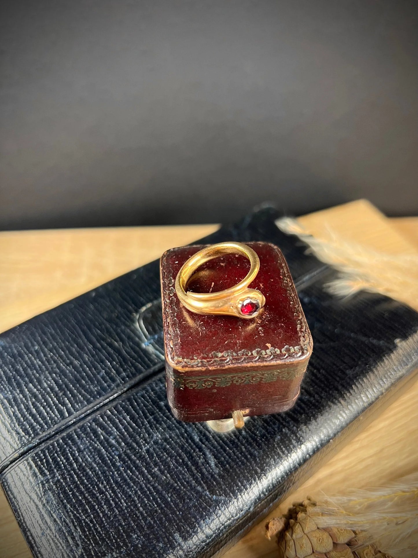 Antique 10ct Rose Gold, Victorian Garnet Headed Snake Ring
