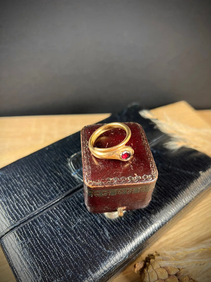 Antique 10ct Rose Gold, Victorian Garnet Headed Snake Ring
