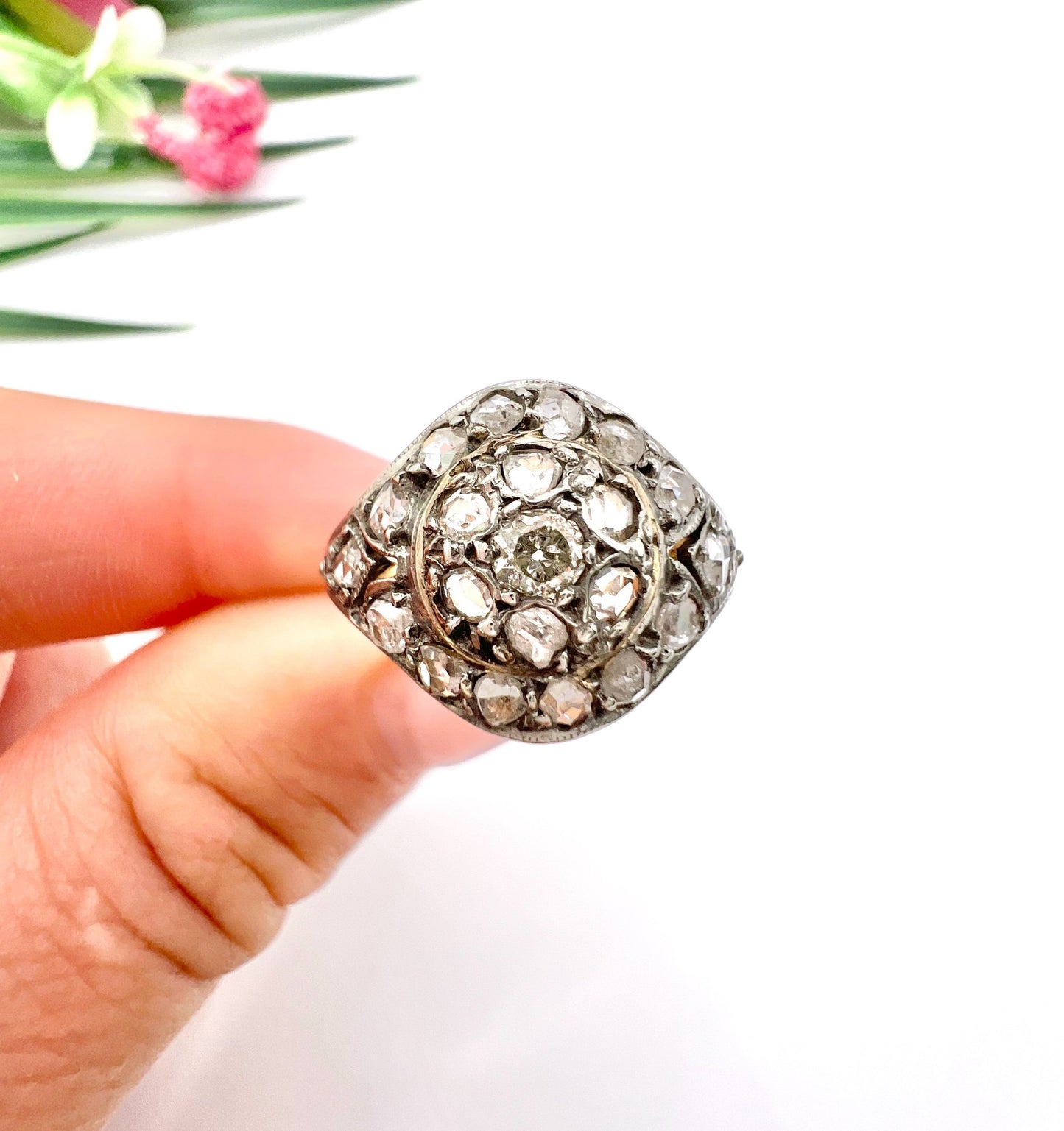 Victorian 18 Carat Gold and Silver Rose Cut Diamond Dome Shaped Ring, Circa 1870