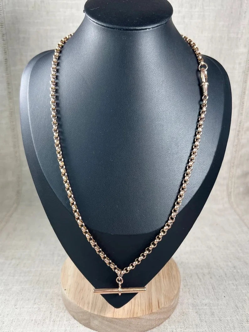 Antique 9ct Rose Gold, Edwardian Round Faceted Belcher Link Chain with Movable T-bar
