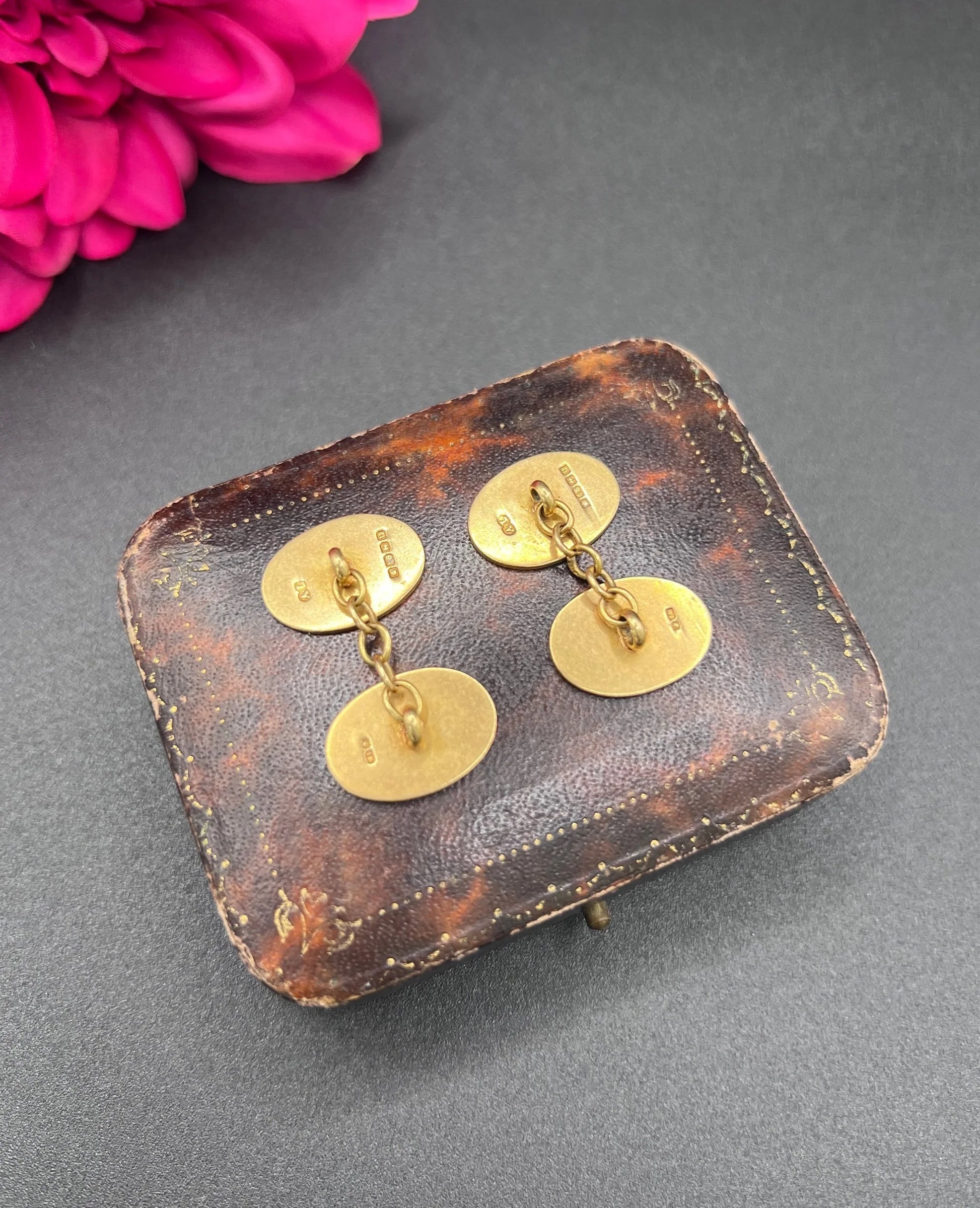 Antique 18ct Yellow Gold Cufflinks: Edwardian Floral Design, Birmingham 1919