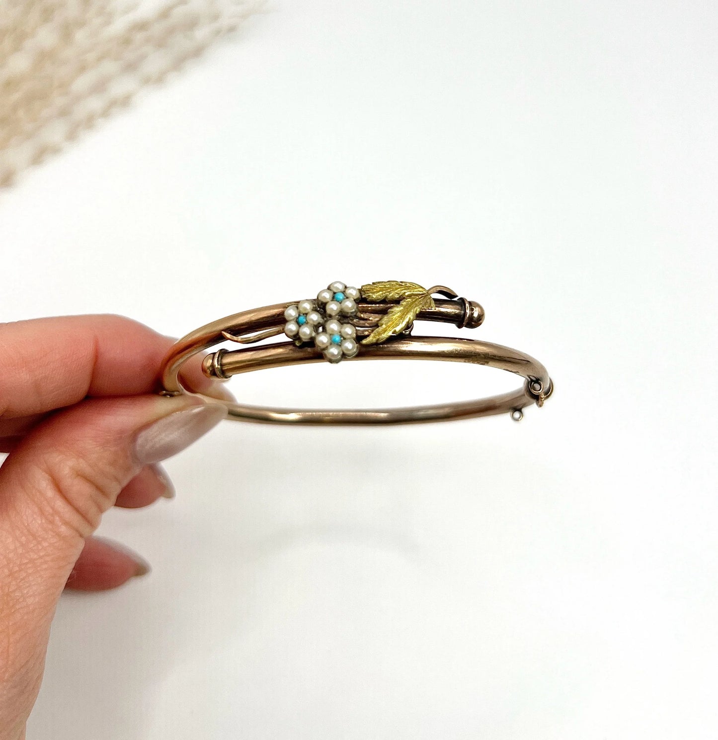 Antique 9 Carat Rose Gold Turquoise and Seed Pearl Forget Me Not Bangle, Circa 1910