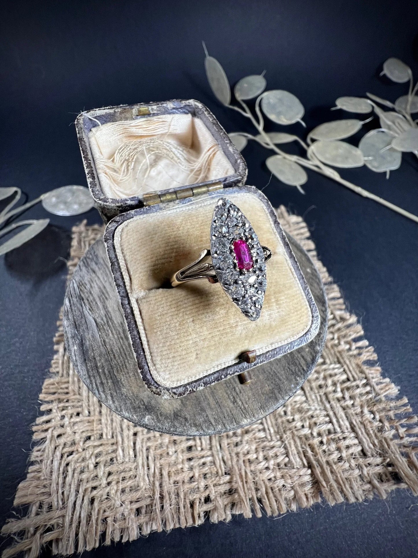Antique Victorian 18 ct Gold Ruby And Diamond Marquise Ring