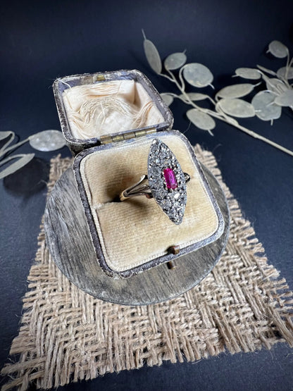 Antique Victorian 18 ct Gold Ruby And Diamond Marquise Ring