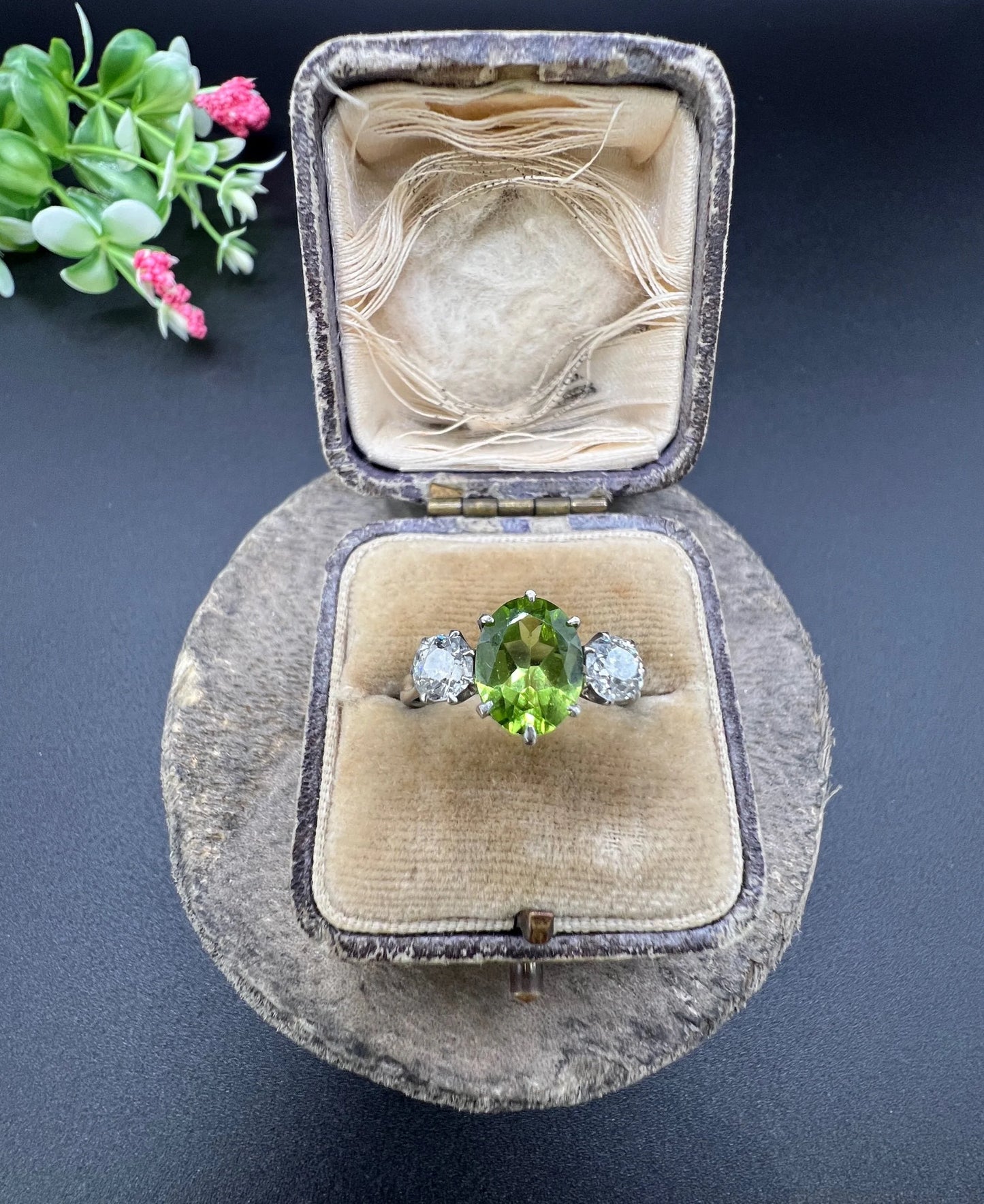 Antique Art Deco Peridot and Diamond Three Stone Ring, 1920s
