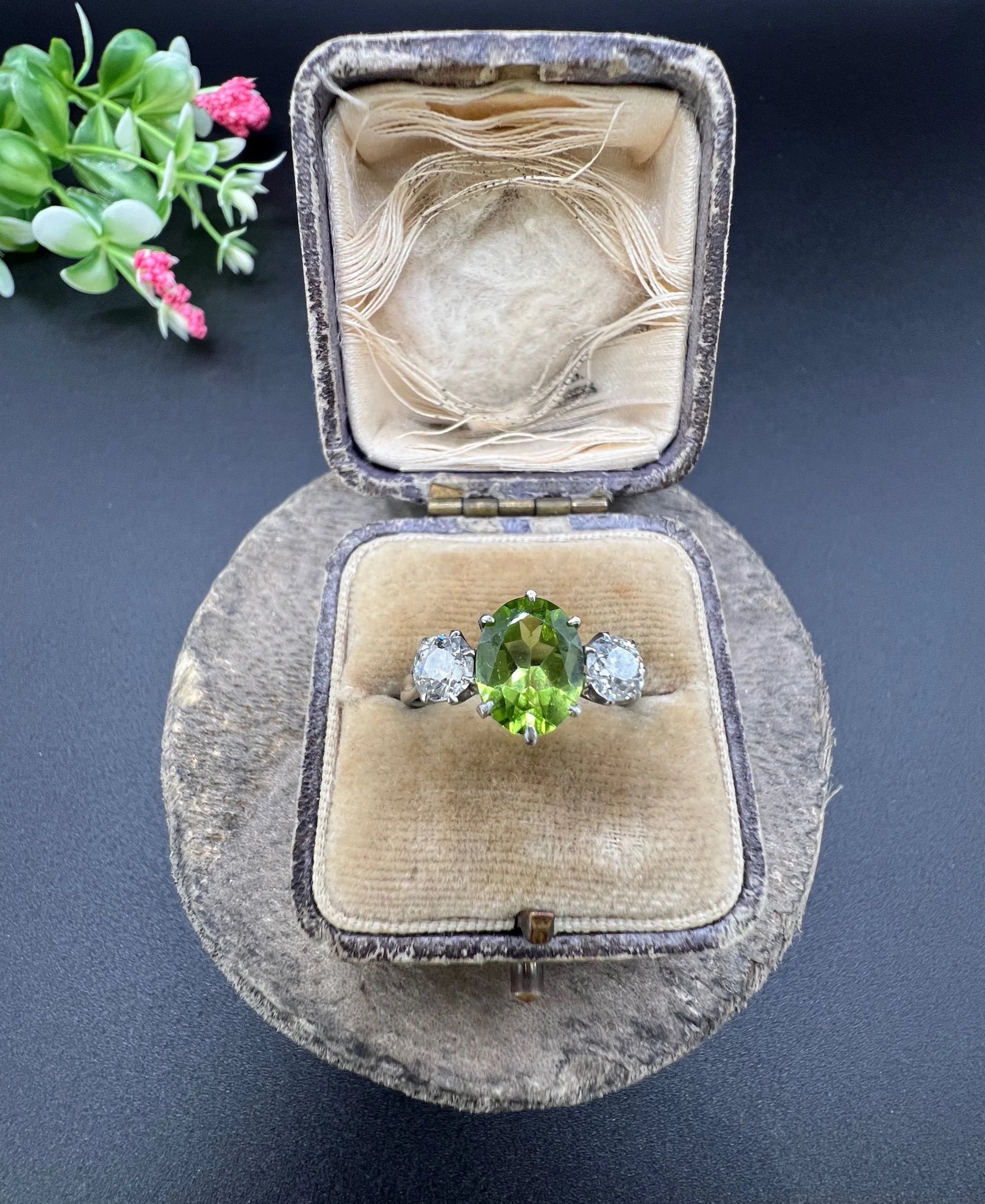 Antique Art Deco Peridot and Diamond Three Stone Ring, 1920s