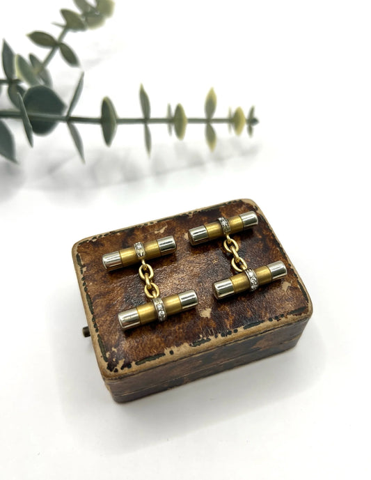 Art Deco French 18 Carat Gold and Platinum Diamond Barrel Cufflinks, Circa 1920