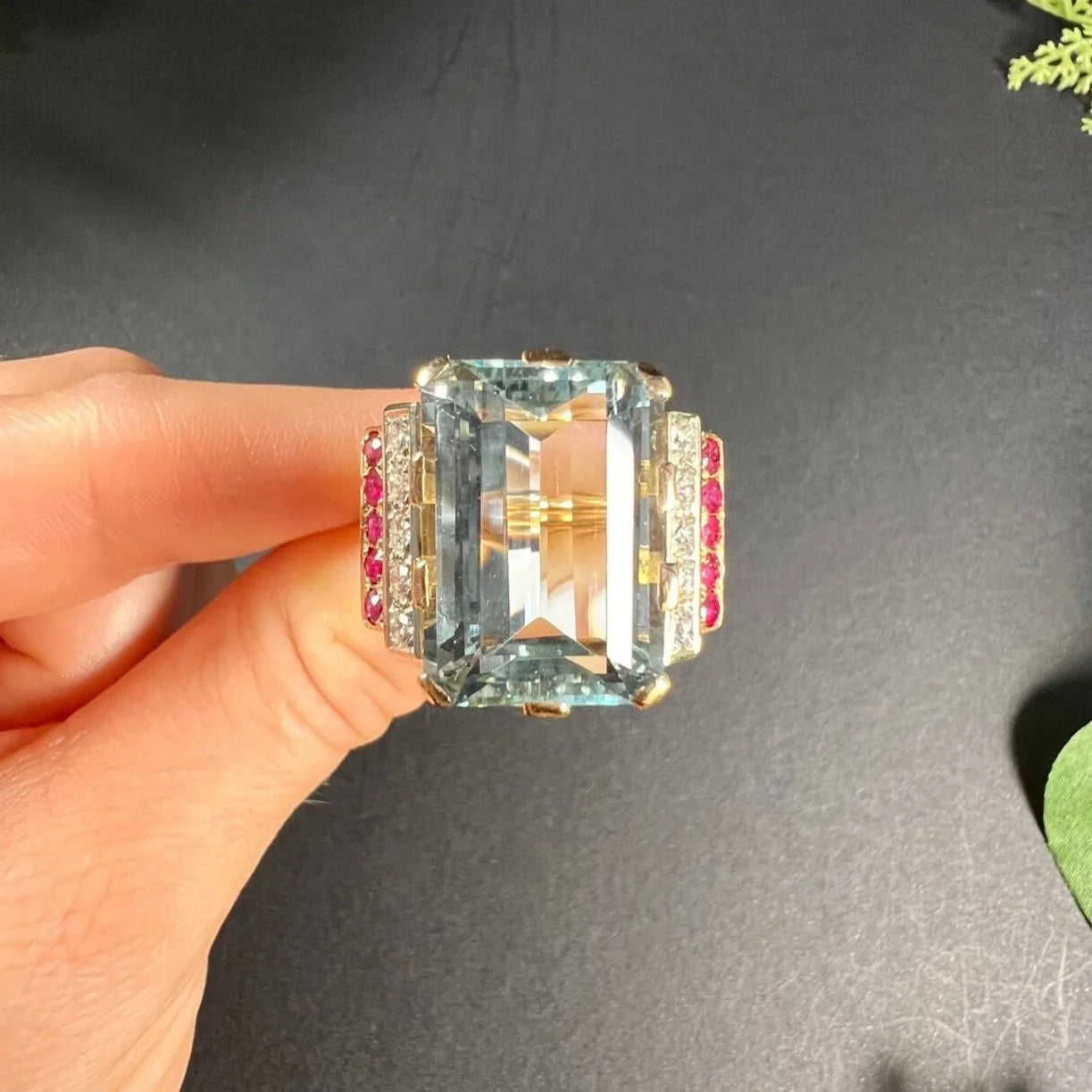 Vintage Retro 17cts Aquamarine Diamond Ruby Cocktail Ring