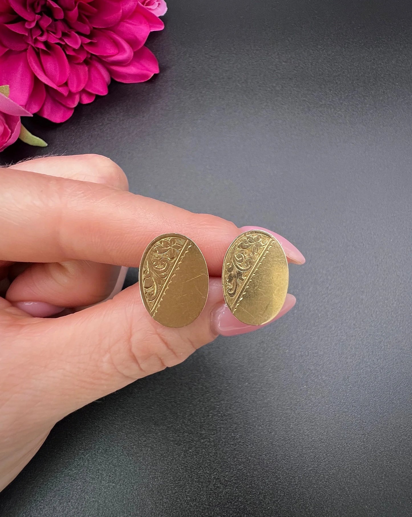 Antique 18ct Yellow Gold Cufflinks: Edwardian Floral Design, Birmingham 1919
