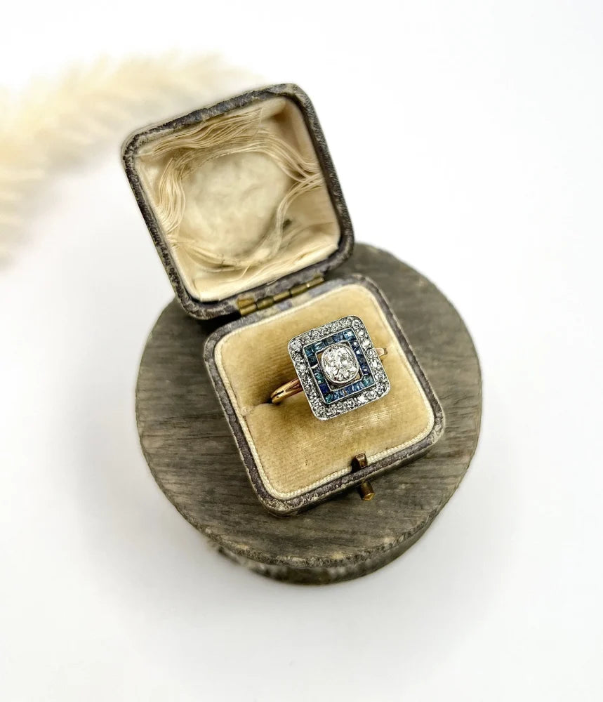 Edwardian Antique Sapphire and Diamond Square Cluster Target Ring