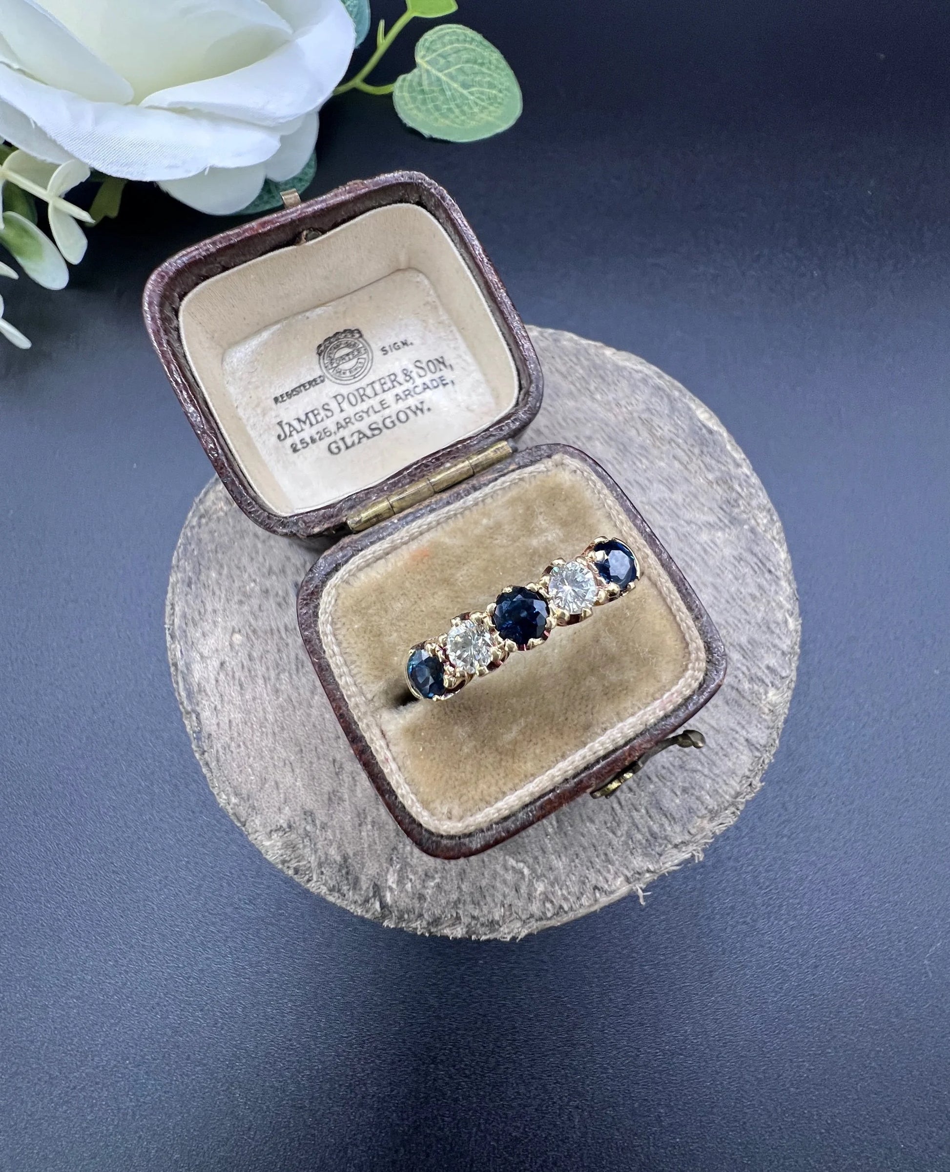 Vintage 18ct Yellow Gold, Victorian Style Sapphire and Diamond Five Stone Ring, London 1976