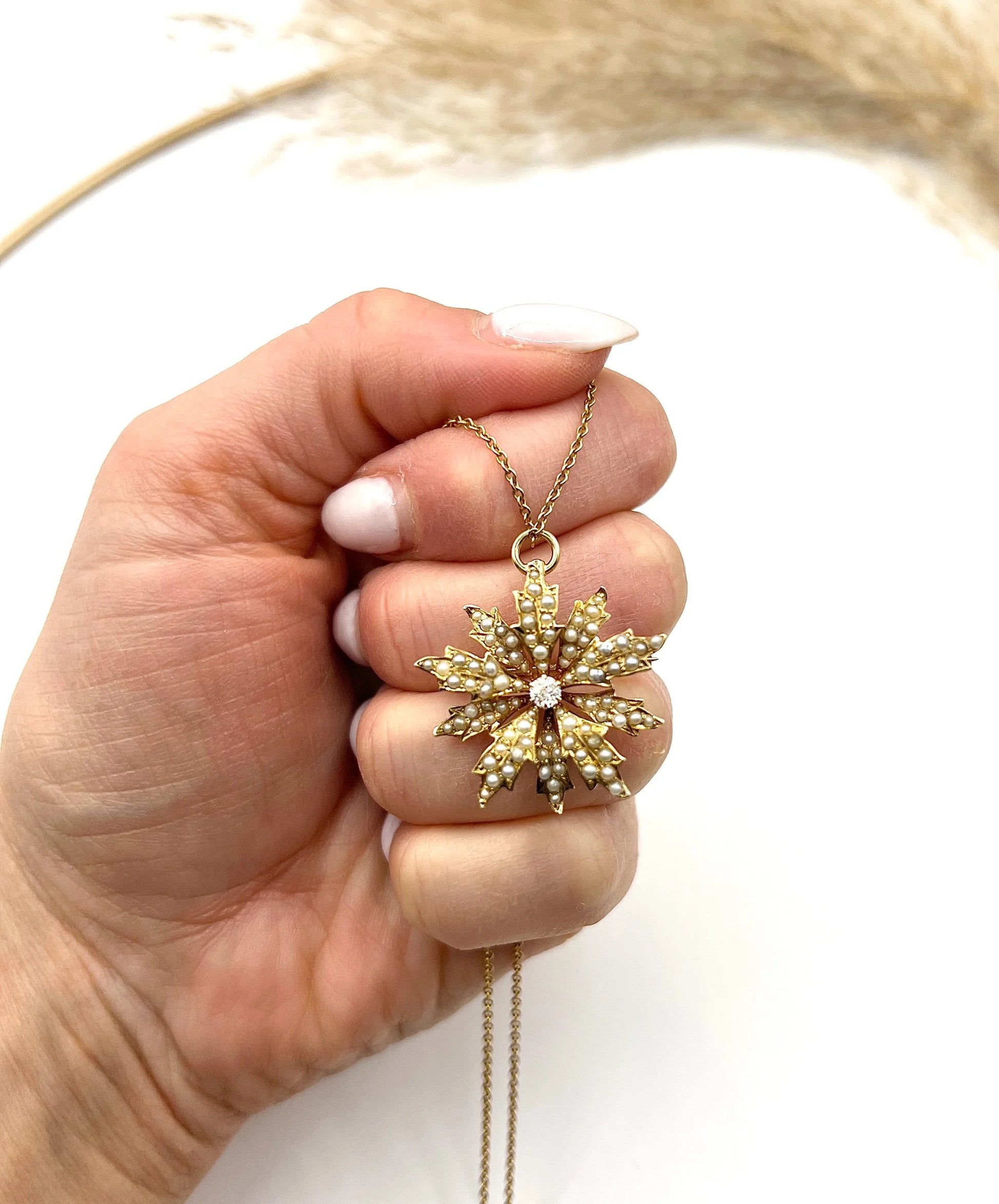 Antique 15 ct Gold, Edwardian Natural Seed Pearl And Diamond Flower Pendant/Brooch