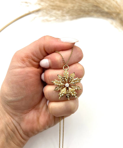 Antique 15 ct Gold, Edwardian Natural Seed Pearl And Diamond Flower Pendant/Brooch