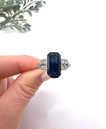 Antique Platinum, 1920s Original Art Deco Rectangular Sapphire & Diamond Ring