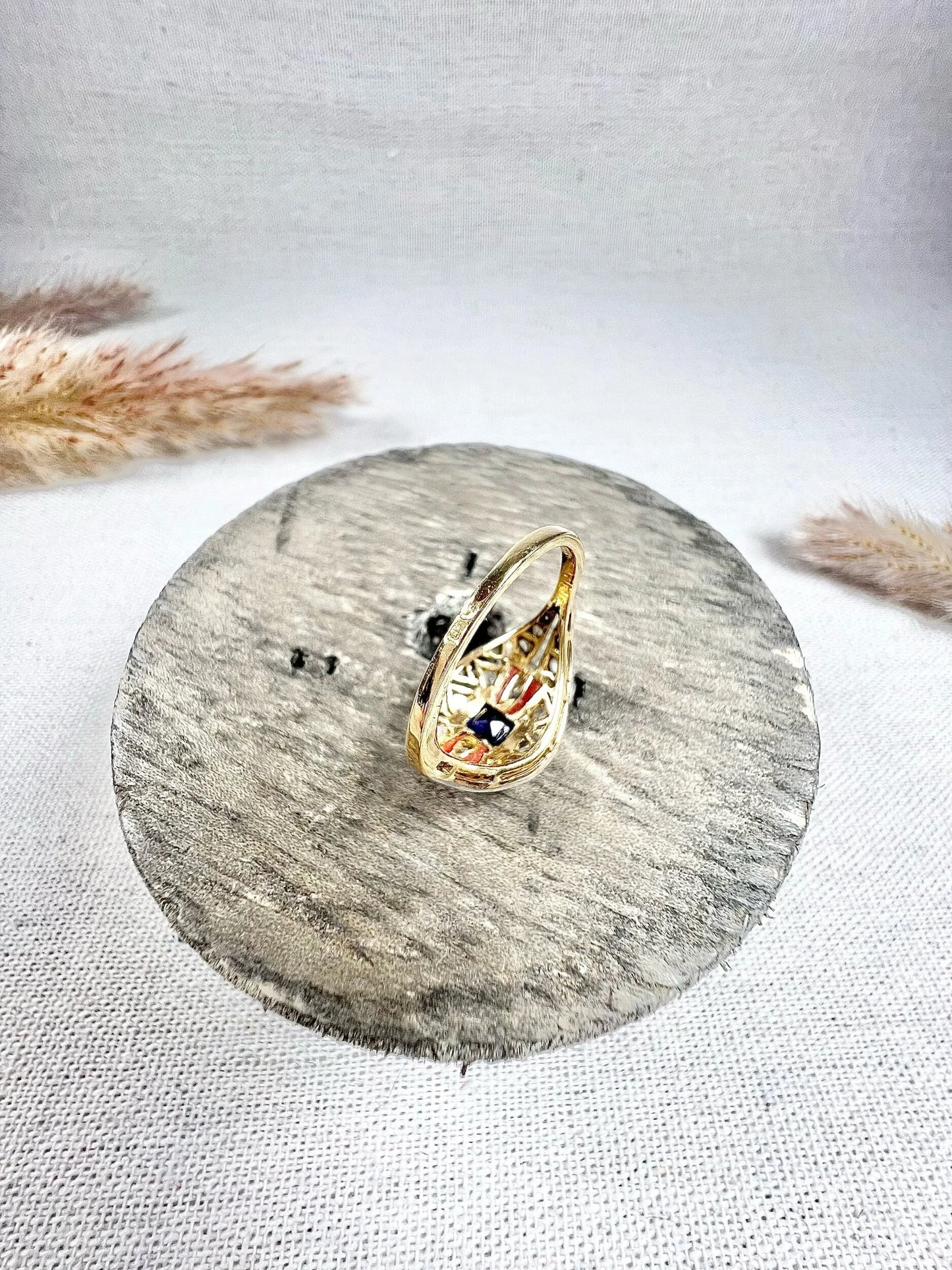 Antique 1920's Art Deco, 18 ct Gold And Platinum Sapphire, Coral And Diamond Dome Ring