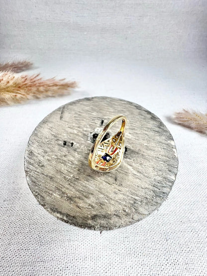 Antique 1920's Art Deco, 18 ct Gold And Platinum Sapphire, Coral And Diamond Dome Ring