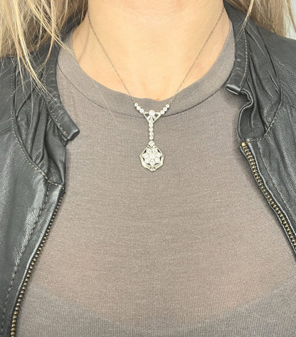 Antique Diamond Snowflake Pendant Necklace In Platinum