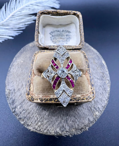 Antique Edwardian Ruby Diamond Marquise Navette Shaped Ring in 18ct Gold & Platinum