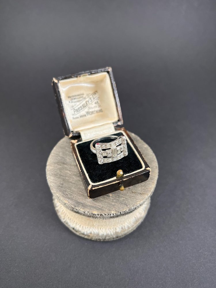 Vintage Diamond And Ruby Buckle Style Cocktail Ring In Platinum