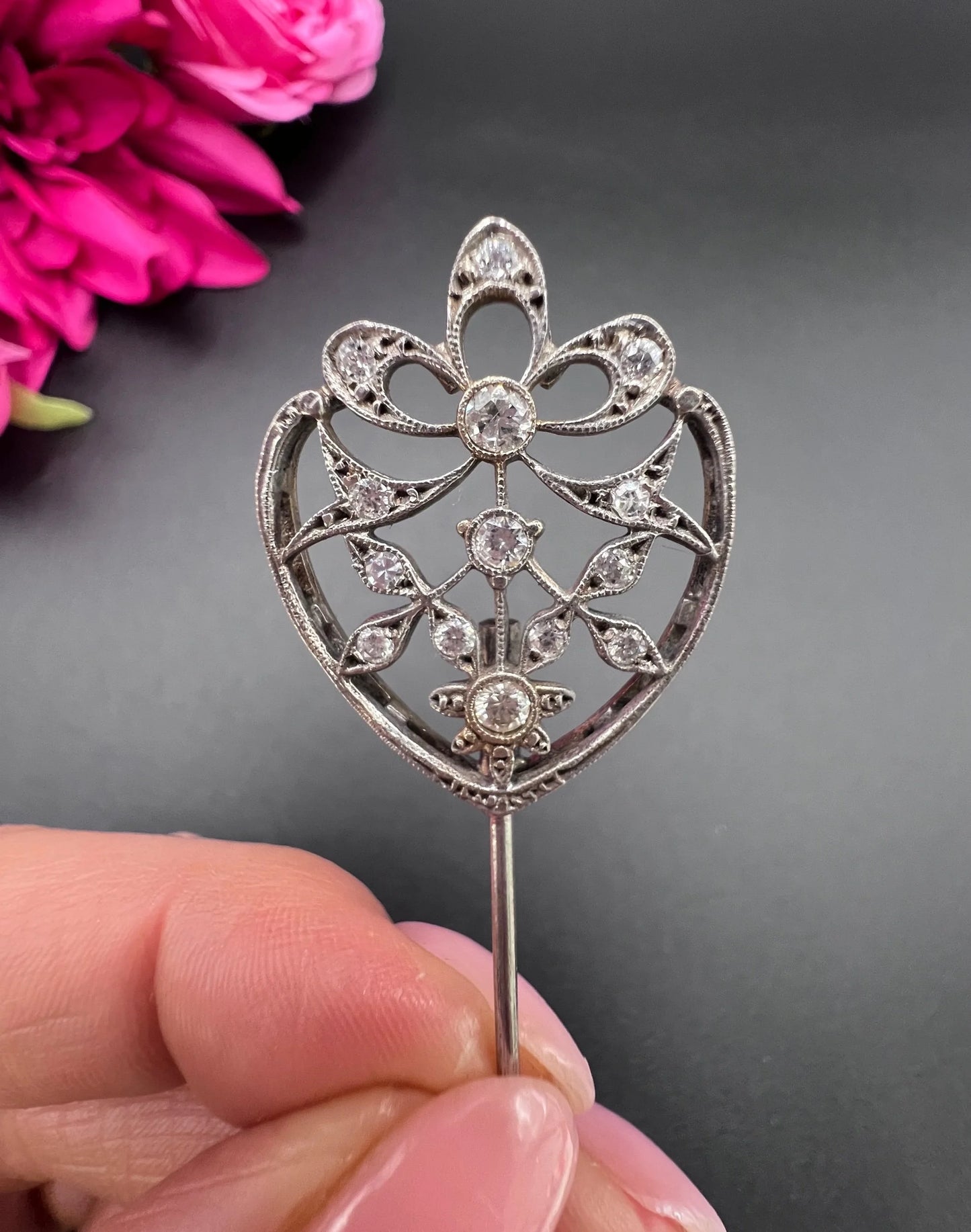 Antique 18ct White Gold, Edwardian Diamond Jabot Pin