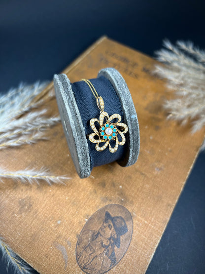 Antique 15ct Gold Edwardian Pearl & Turquoise Flower Pendant
