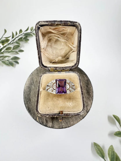 Antique Amethyst And Diamond Ring In 18 Carat Yellow Gold And Platinum