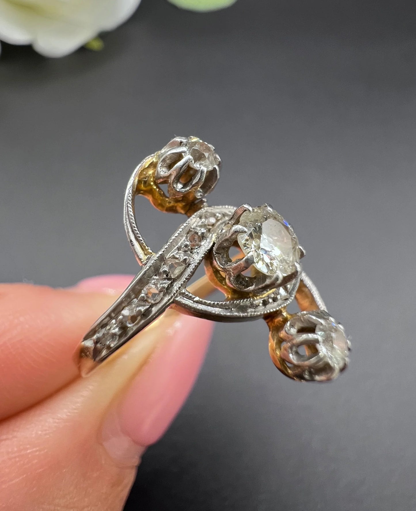 Antique 18 ct Gold And Platinum, 3 Stone Diamond Belle Époque Ring
