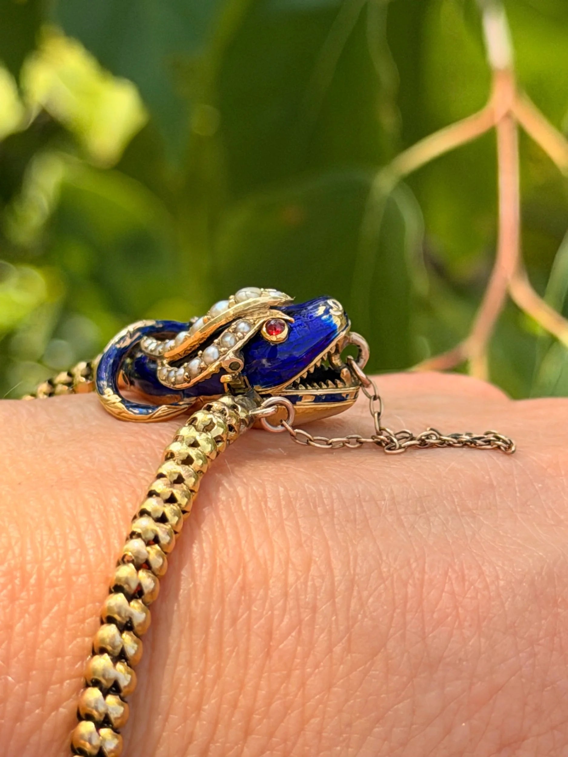 Victorian 20 ct Gold Snake Bracelet With Pearls, Ruby Eyes And Blue Enamel