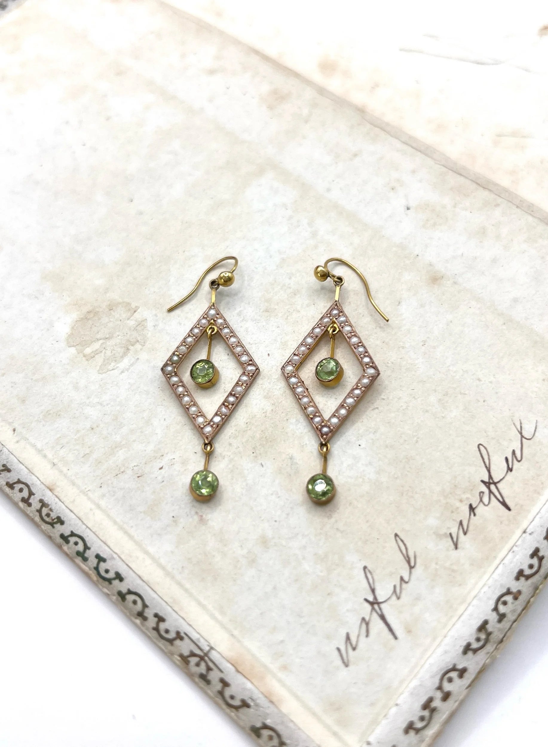 Edwardian 9 Carat Gold Peridot and Seed Pearl Drop Earrings, Circa 1910