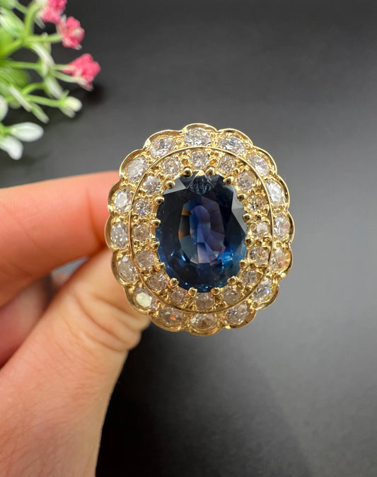 Vintage 18 Carat Yellow Gold 2 Carat Sapphire And Diamond Tiered Cluster Ring