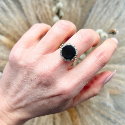 Art Deco Vintage Onyx and Diamond Halo Cluster Target Ring