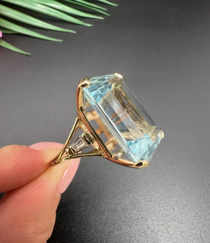 Vintage 19.64ct Aquamarine Solitaire Cocktail Ring with Baguette Diamond Shoulders