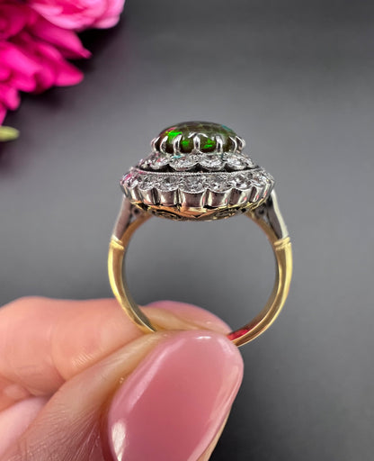 Vintage 18 Carat Gold, Platinum, Black Opal and Diamond Oval Cluster Ring