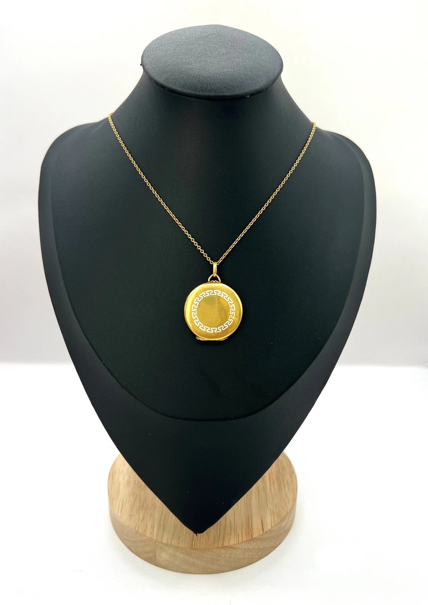 Antique 15ct Yellow Gold, Edwardian era Greek Key White Enamel Round Locket