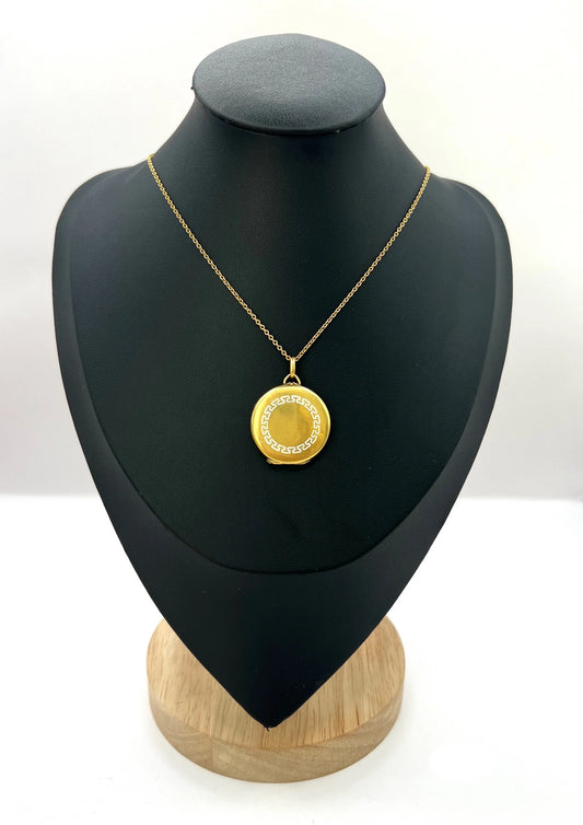 Antique 15ct Yellow Gold, Edwardian era Greek Key White Enamel Round Locket