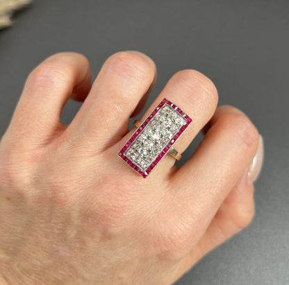 Art Deco Ruby and Diamond Rectangular Cluster Tablet Plaque Ring
