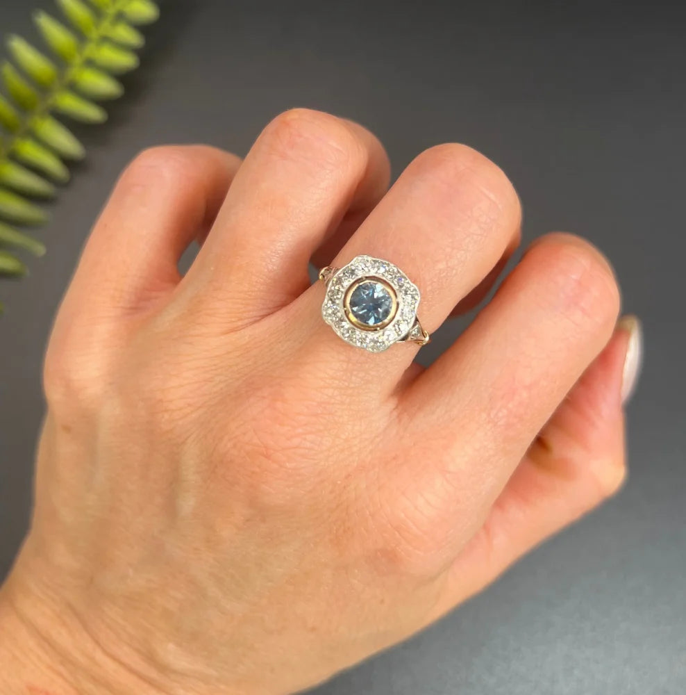 Antique Aquamarine And Diamond Cluster Ring In 18 Carat Yellow Gold And Platinum